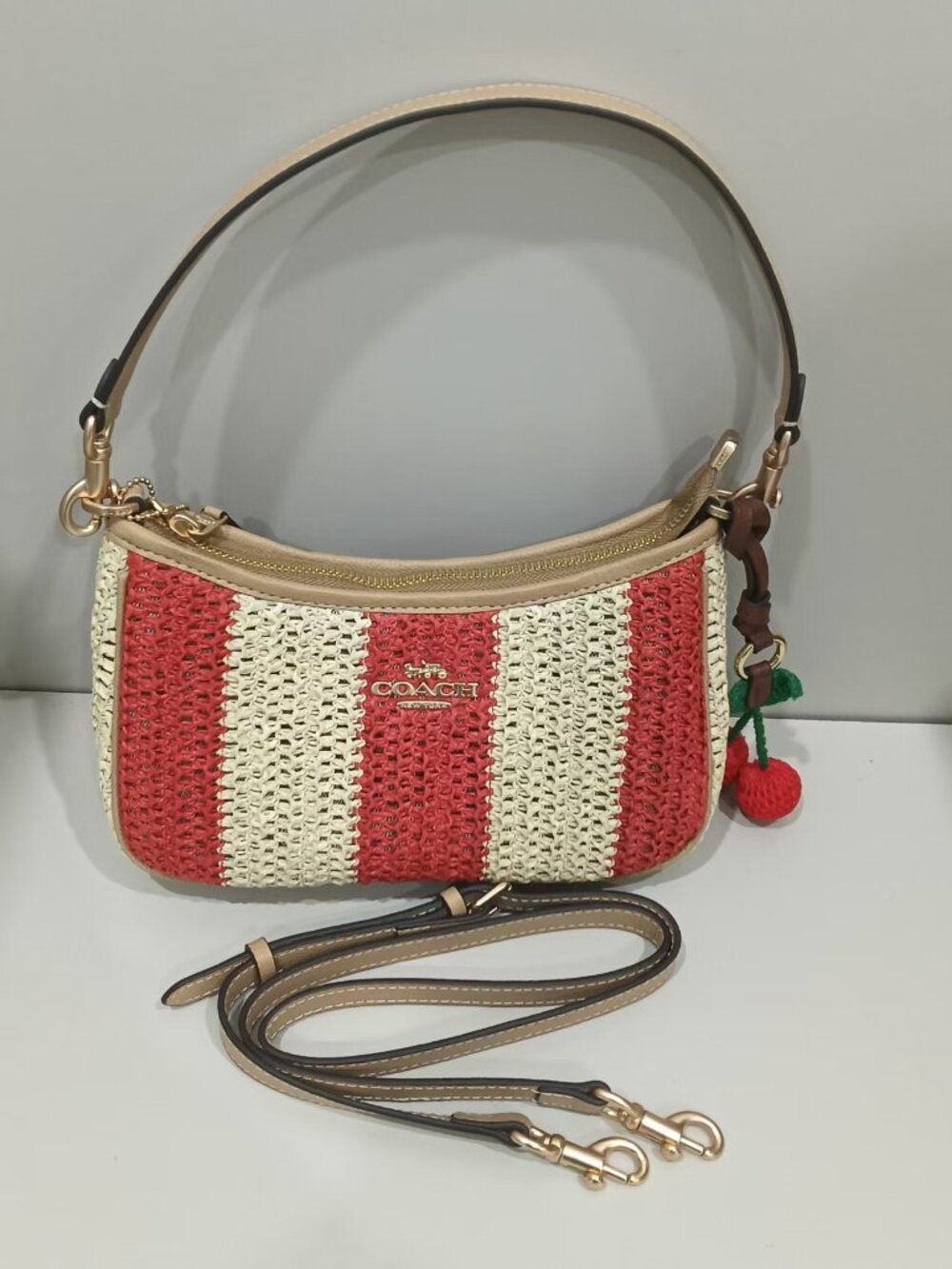 Coach Red White Striped Straw Hobo Shoulder Bag with Cherry Charm